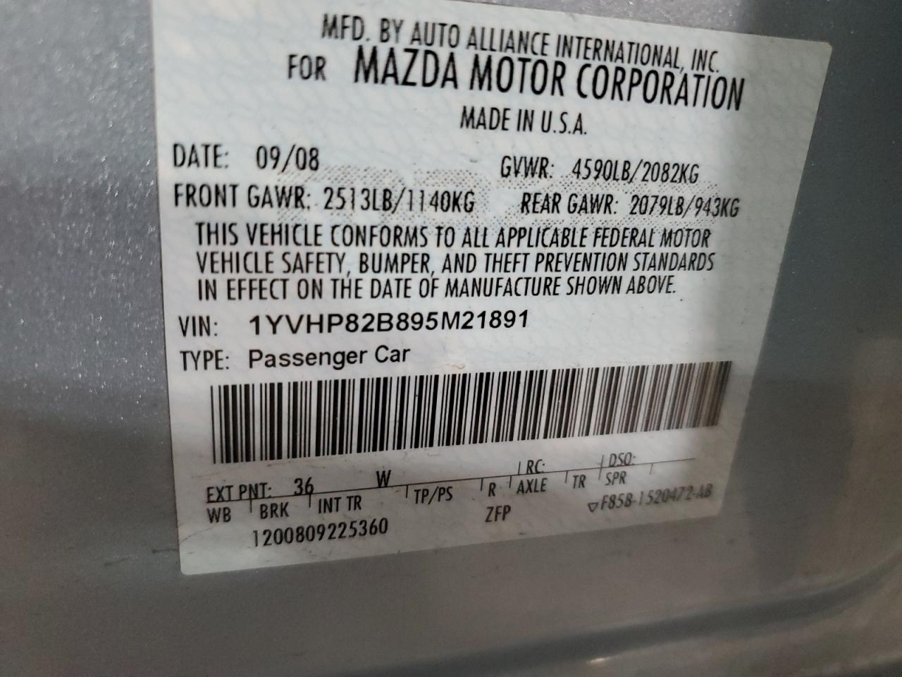 1YVHP82B895M21891 2009 Mazda 6 S