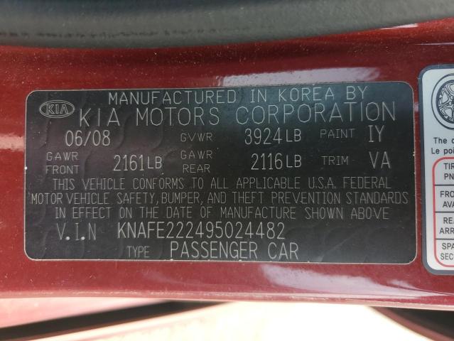 2009 Kia Spectra Ex VIN: KNAFE222495024482 Lot: 50214164