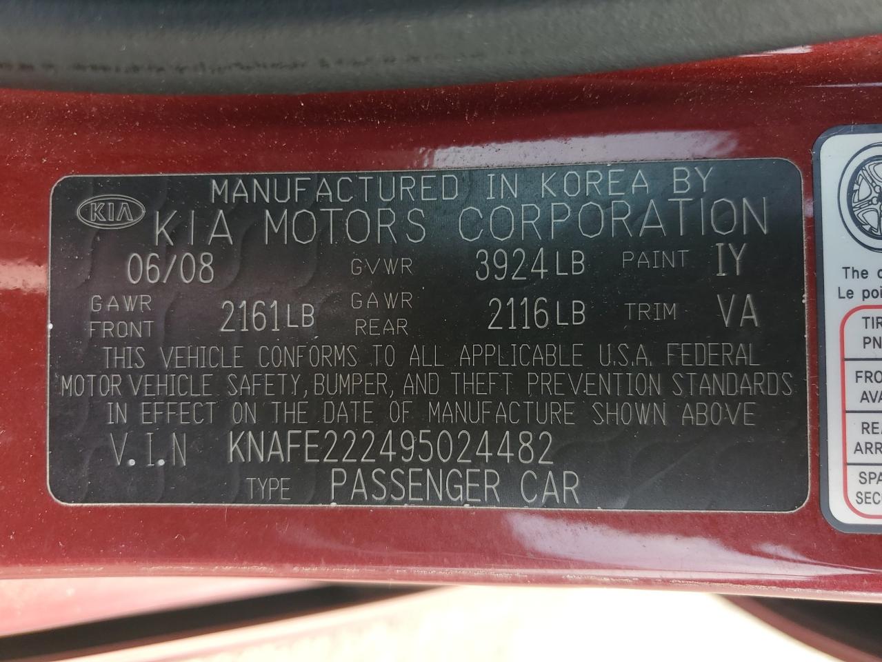 KNAFE222495024482 2009 Kia Spectra Ex