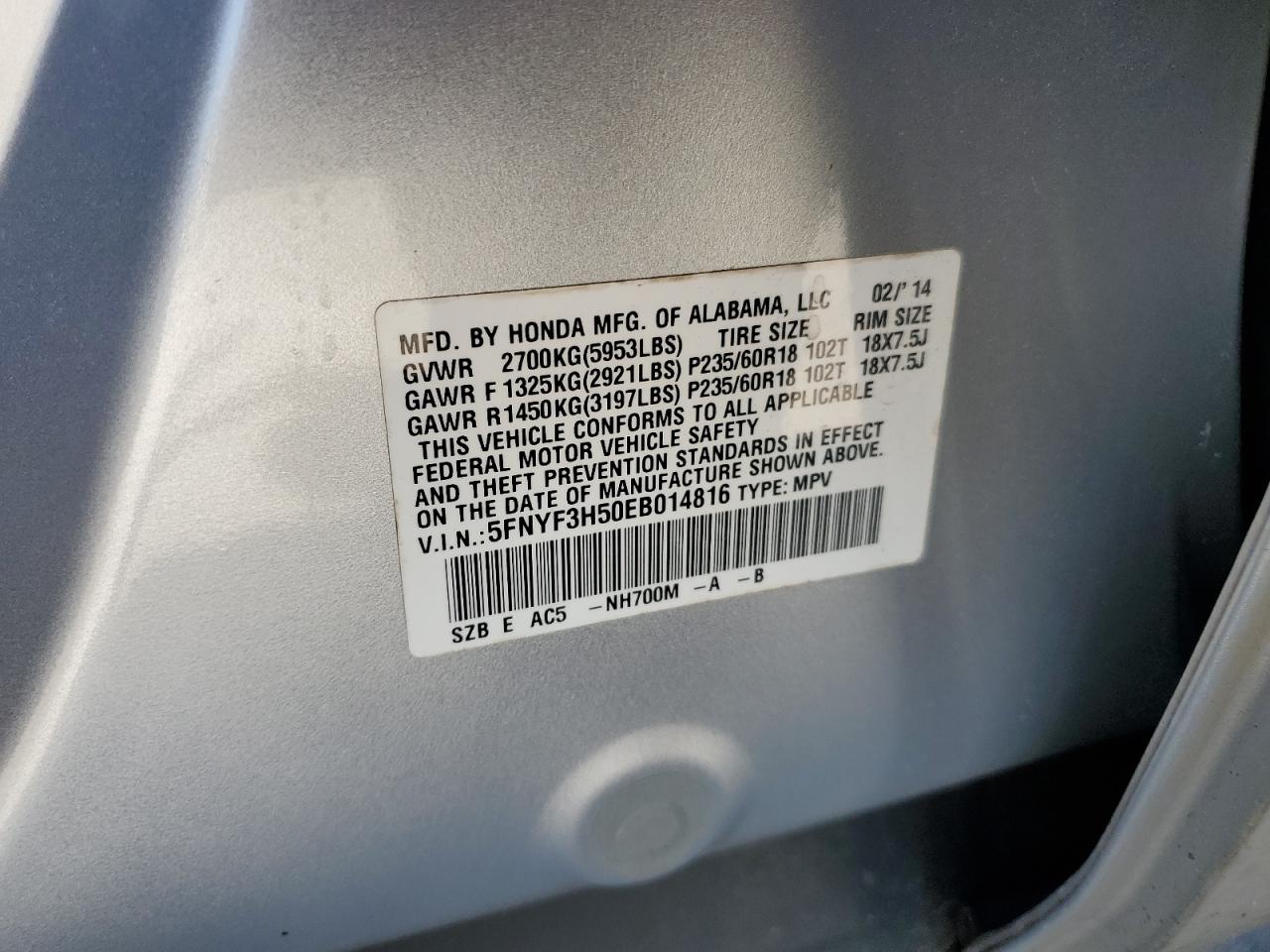 5FNYF3H50EB014816 2014 Honda Pilot Exl