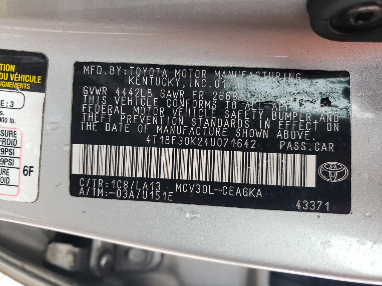 4T1BF30K24U071642 2004 Toyota Camry Le