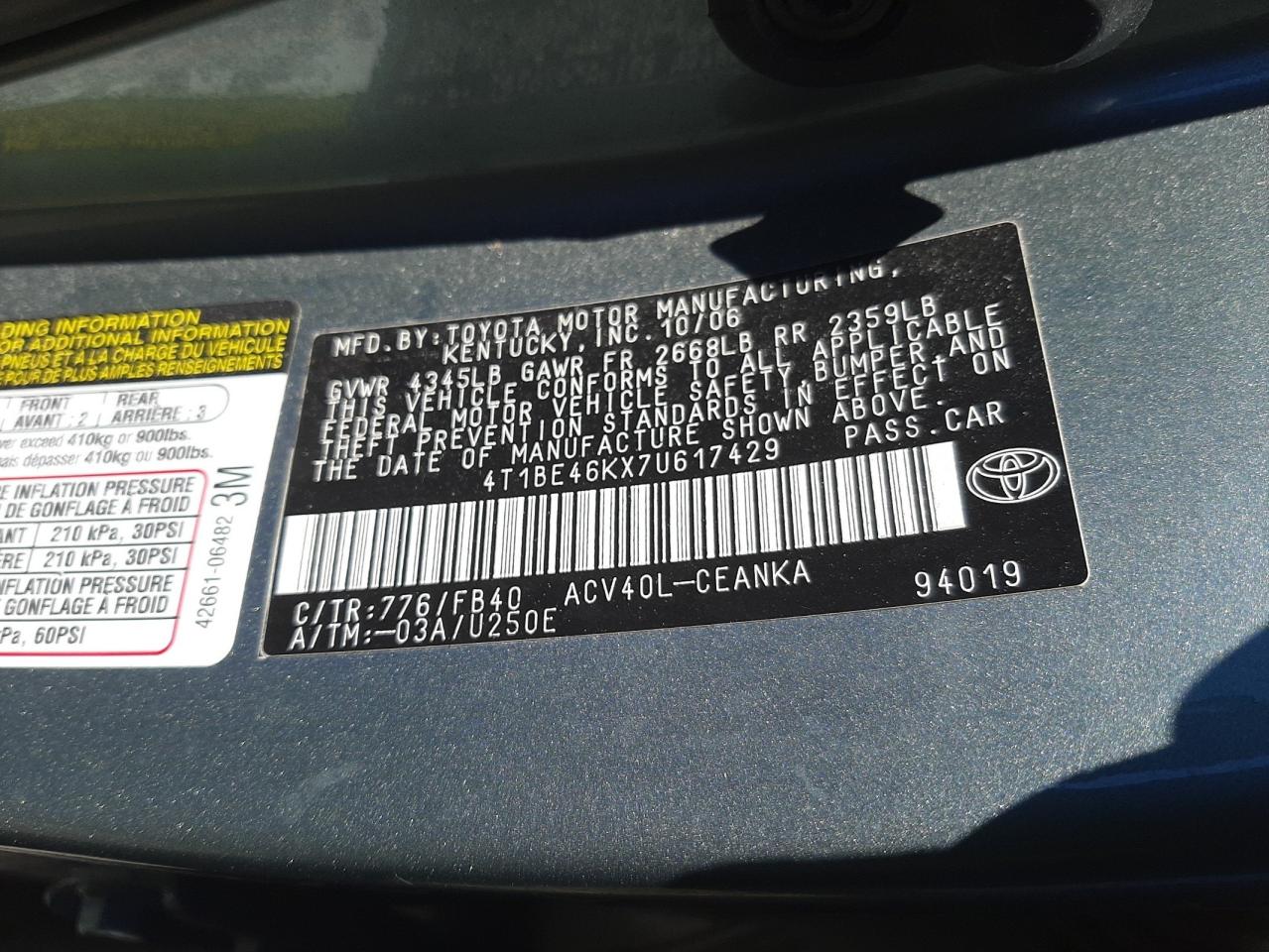 4T1BE46KX7U617429 2007 Toyota Camry Ce