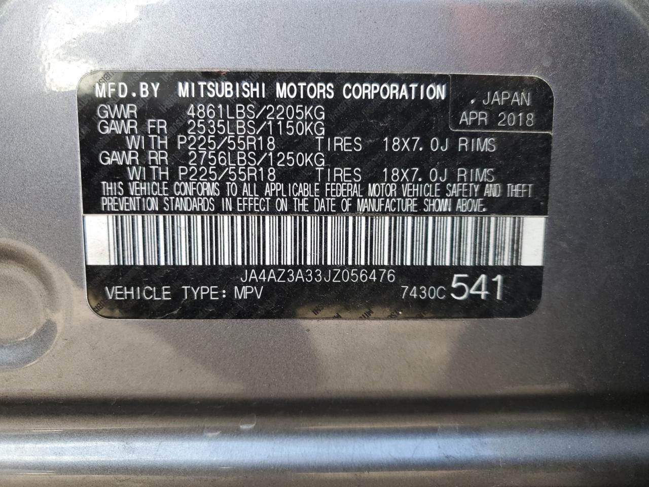 JA4AZ3A33JZ056476 2018 Mitsubishi Outlander Se