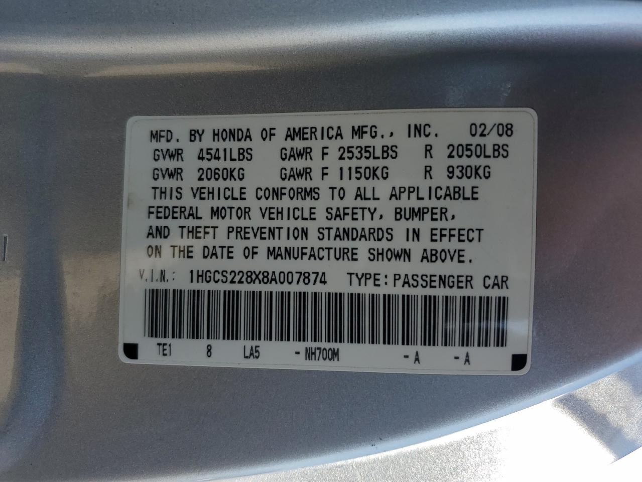 1HGCS228X8A007874 2008 Honda Accord Exl