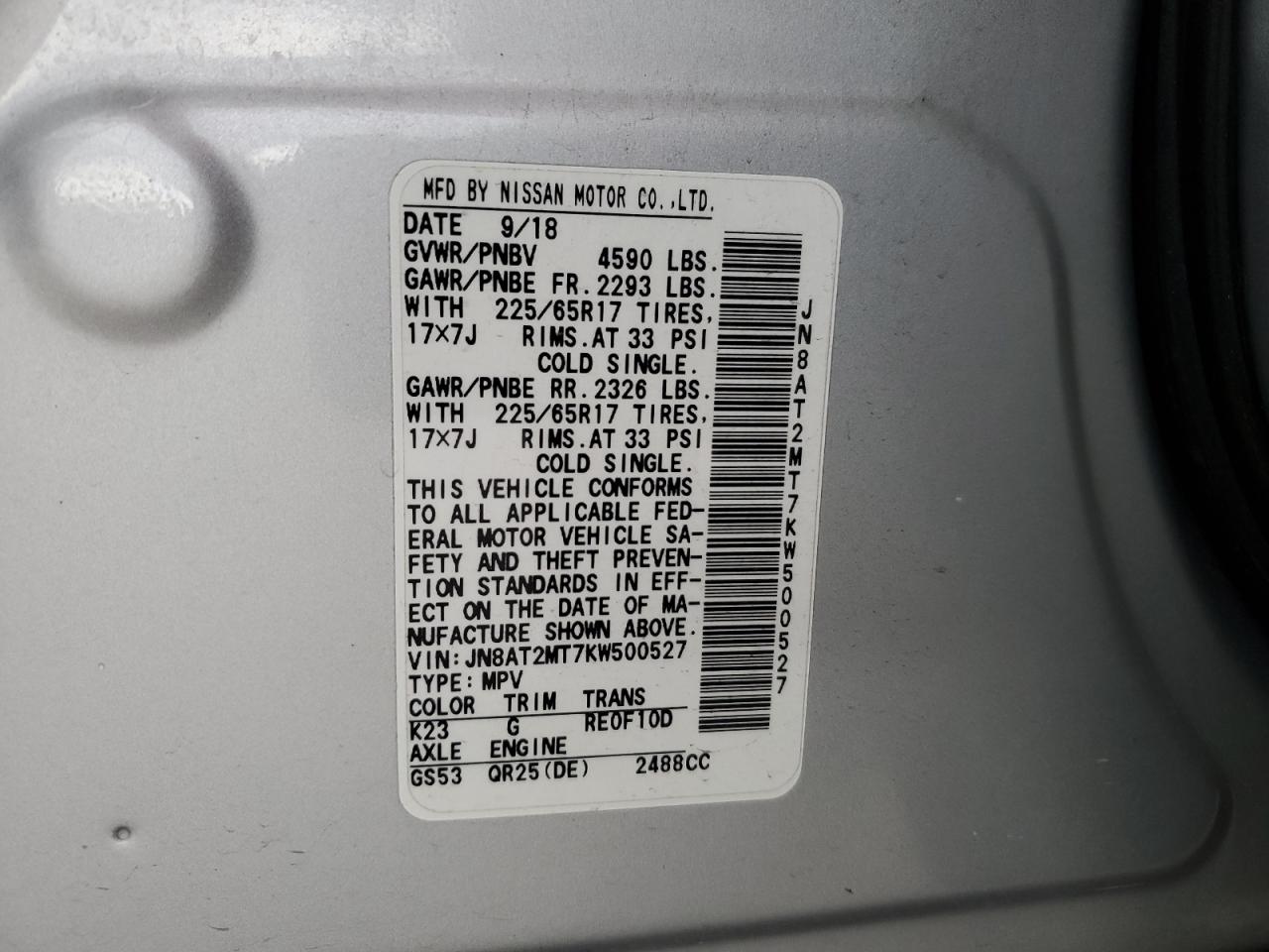 JN8AT2MT7KW500527 2019 Nissan Rogue S