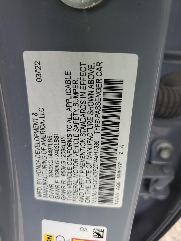1HGCV3F27NA017339 2022 Honda Accord Hybrid Sport