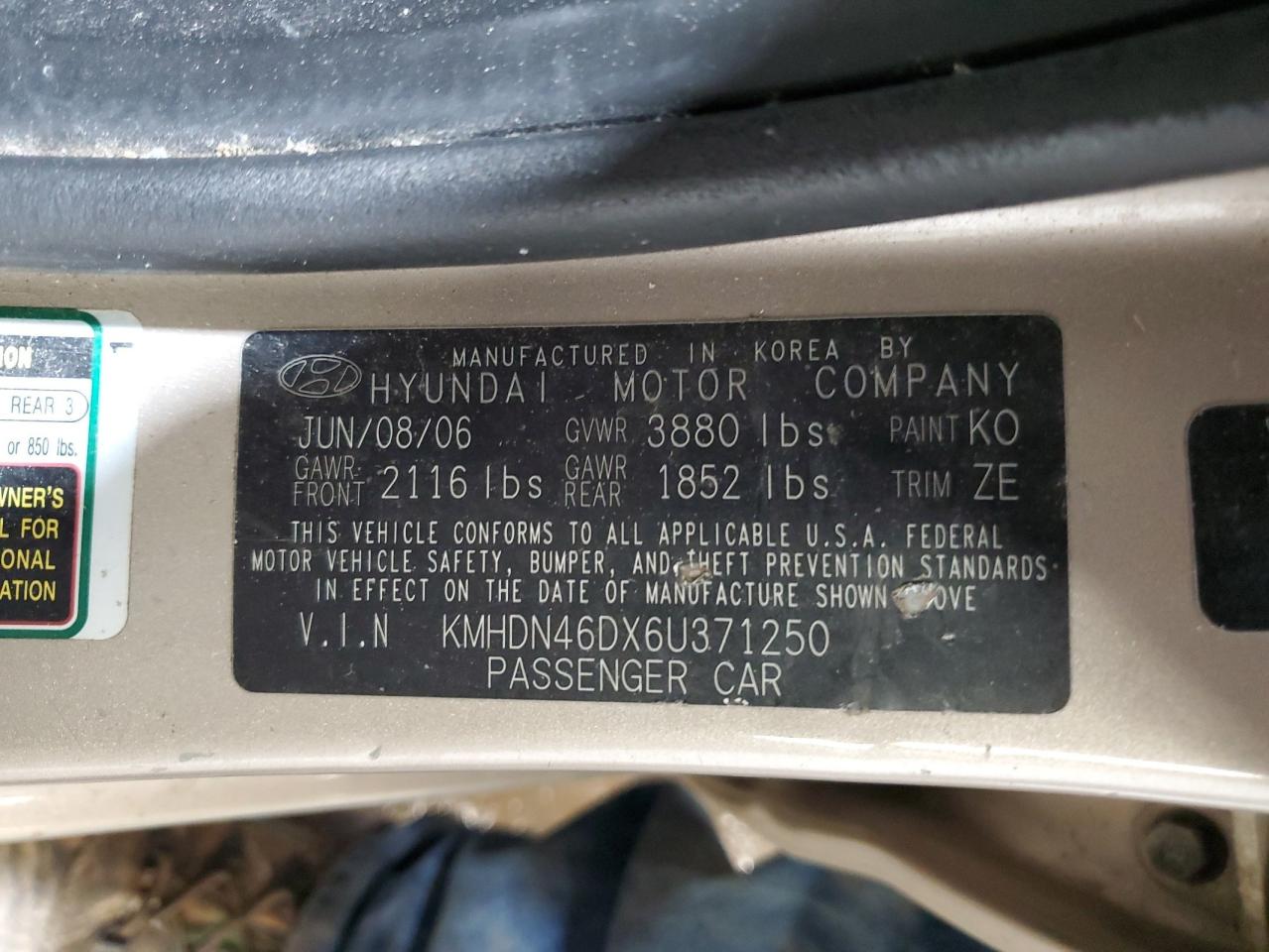 KMHDN46DX6U371250 2006 Hyundai Elantra Gls