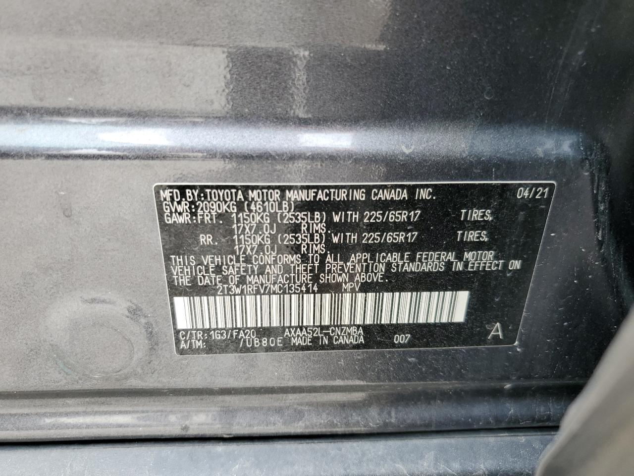 2T3W1RFV7MC135414 2021 Toyota Rav4 Xle