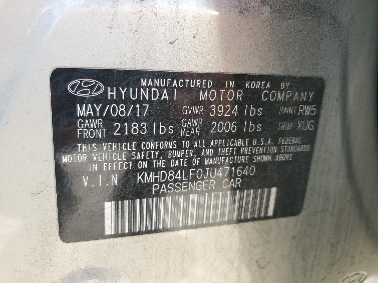 2018 Hyundai Elantra Sel vin: KMHD84LF0JU471640