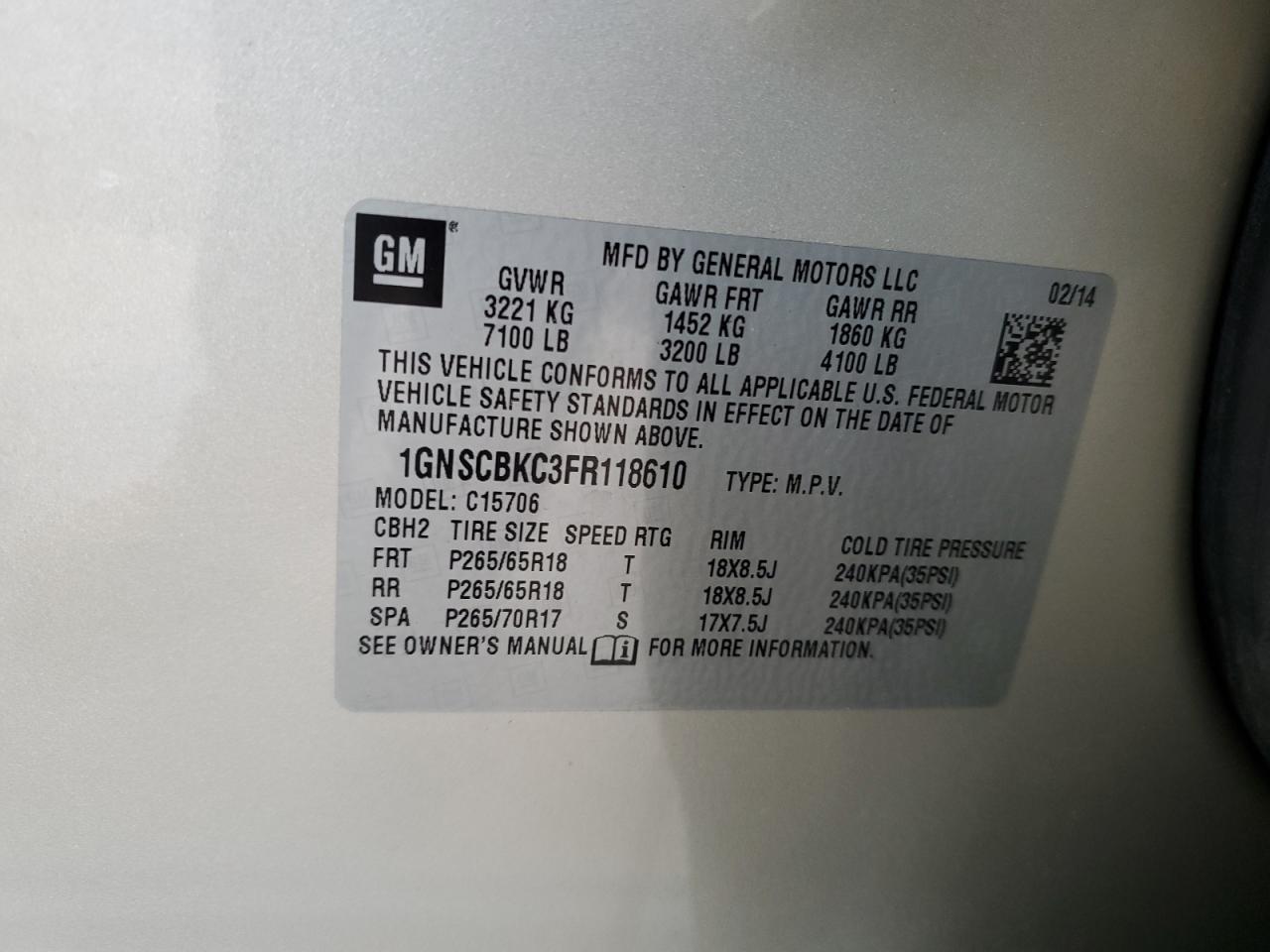 1GNSCBKC3FR118610 2015 Chevrolet Tahoe C1500 Lt