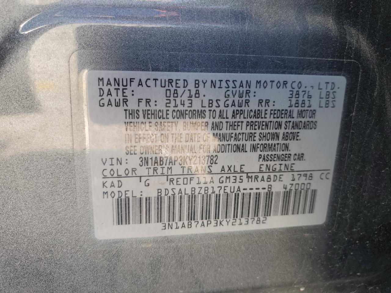 3N1AB7AP3KY213782 2019 Nissan Sentra S