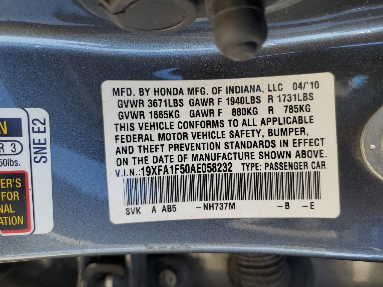 19XFA1F50AE058232 2010 Honda Civic Lx