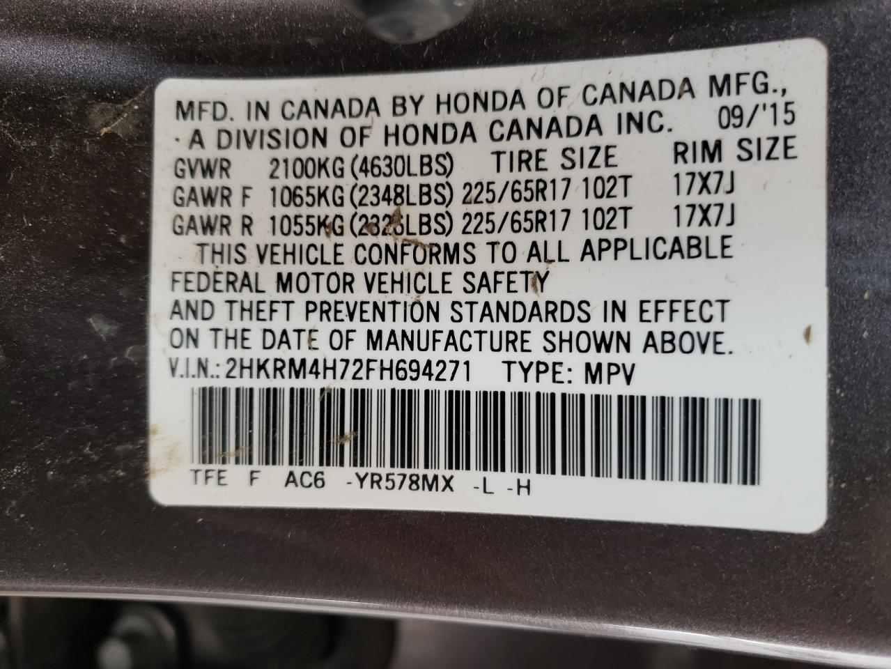 2HKRM4H72FH694271 2015 Honda Cr-V Exl