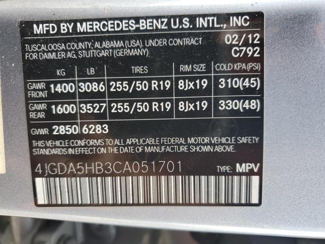 2012 Mercedes-Benz Ml 350 4Matic VIN: 4JGDA5HB3CA051701 Lot: 51584304