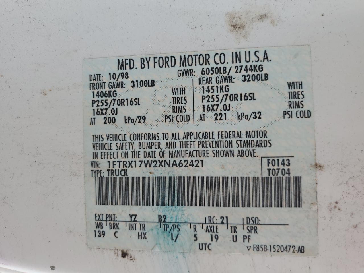 1FTRX17W2XNA62421 1999 Ford F150