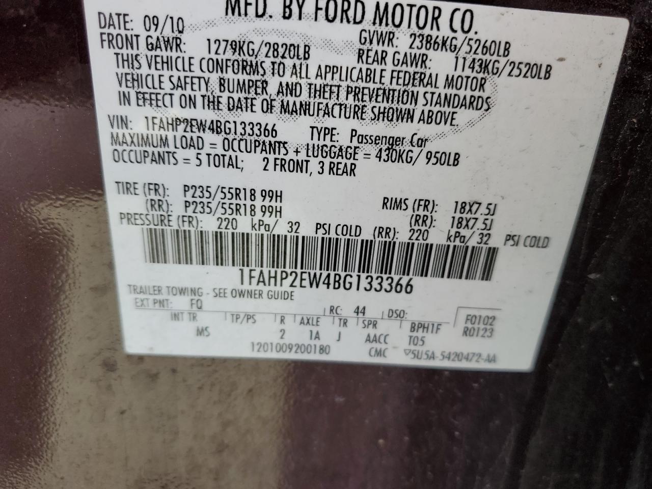 1FAHP2EW4BG133366 2011 Ford Taurus Sel