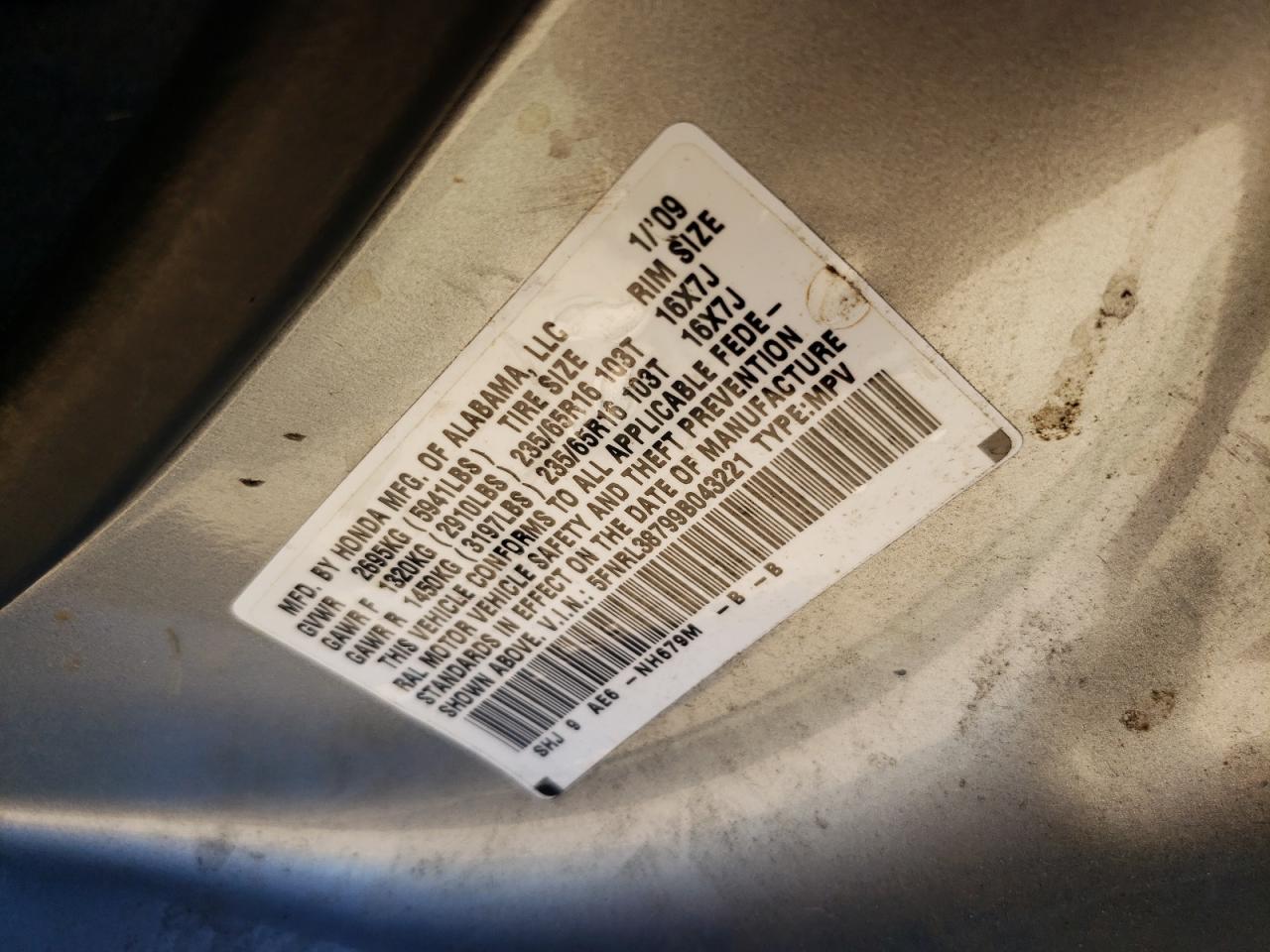 5FNRL38799B043221 2009 Honda Odyssey Exl