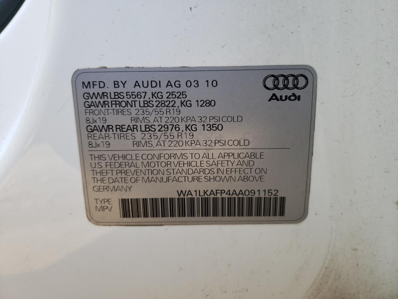 WA1LKAFP4AA091152 2010 Audi Q5 Premium Plus