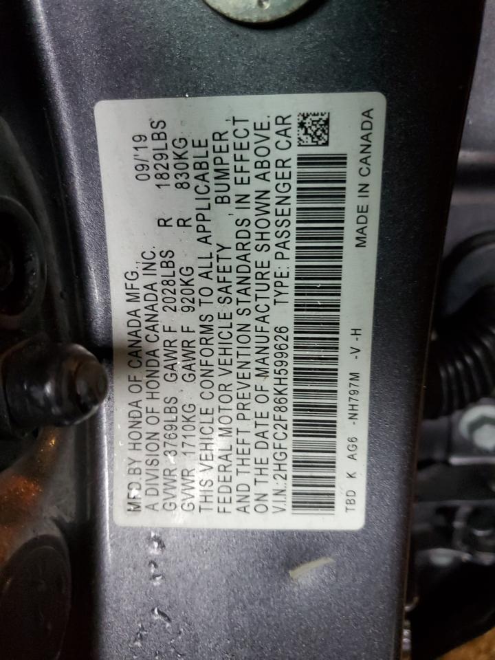 2HGFC2F86KH599626 2019 Honda Civic Sport