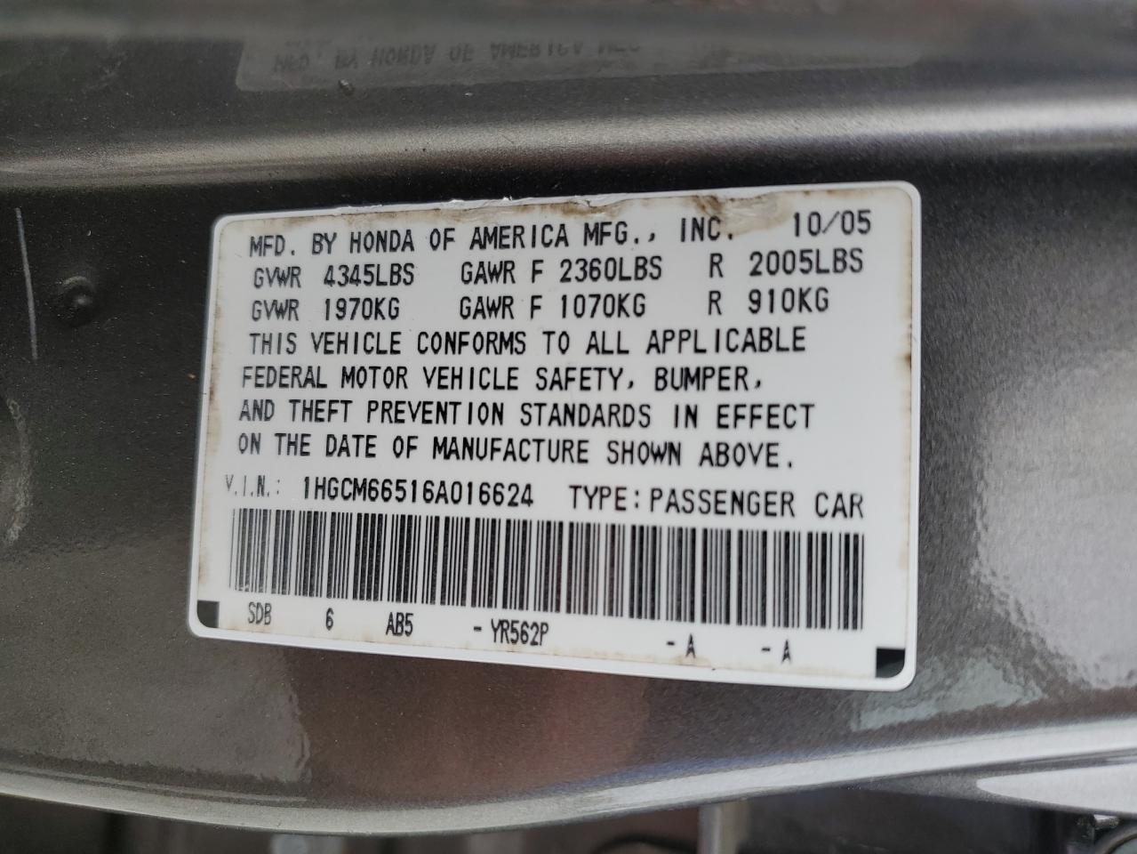 1HGCM66516A016624 2006 Honda Accord Ex