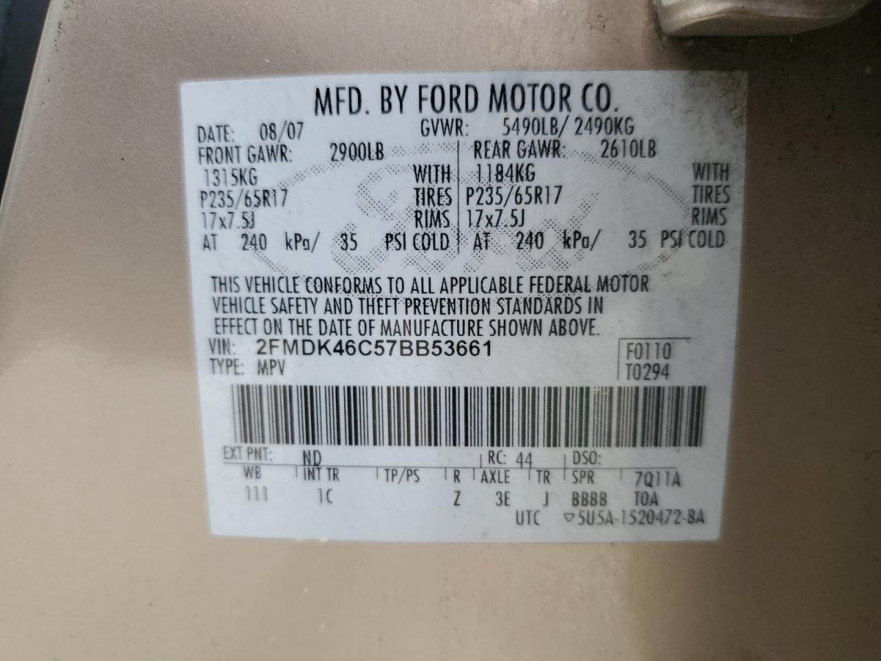 2FMDK46C57BB53661 2007 Ford Edge Se