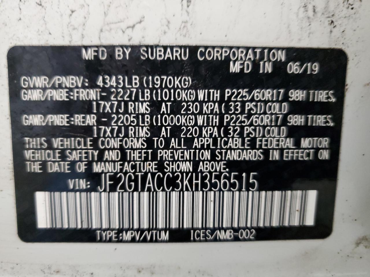 2019 SUBARU CROSSTREK 2.0L  4(VIN: JF2GTACC3KH356515