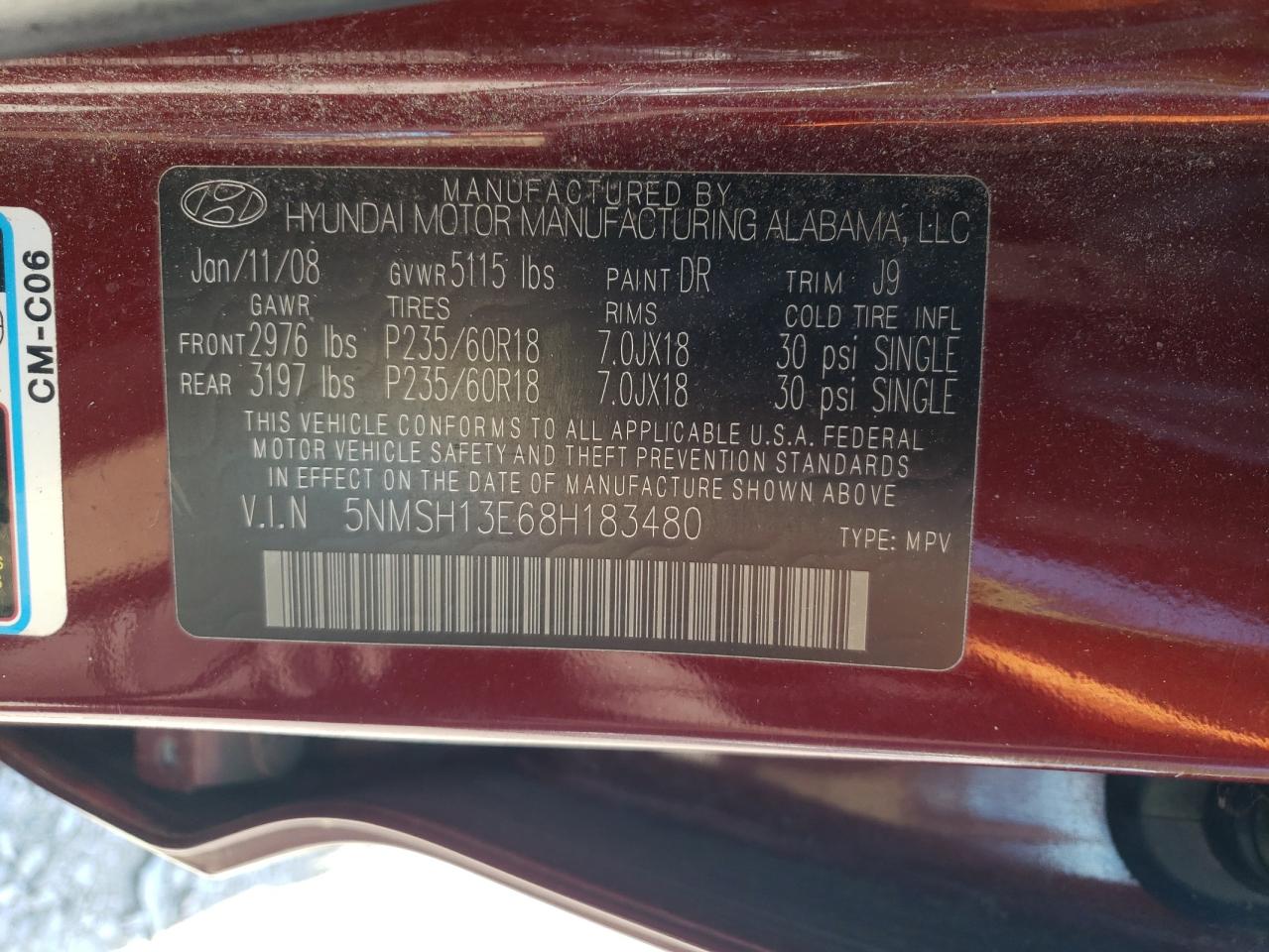 5NMSH13E68H183480 2008 Hyundai Santa Fe Se