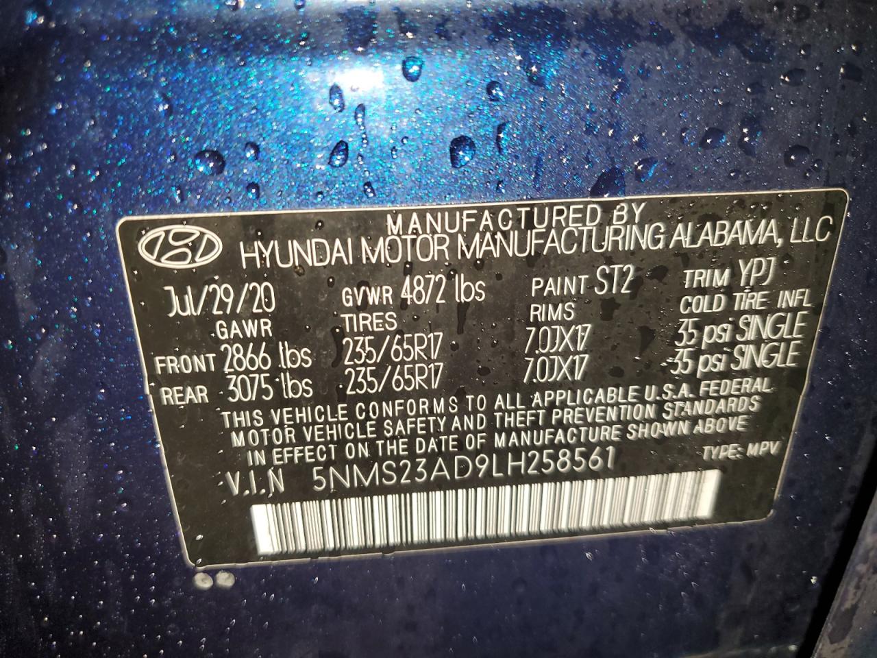 5NMS23AD9LH258561 2020 Hyundai Santa Fe Se