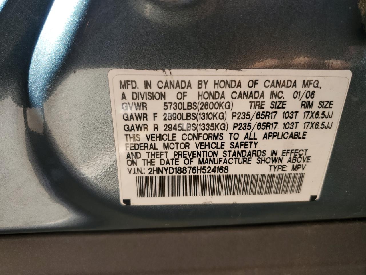 2HNYD18876H524168 2006 Acura Mdx Touring