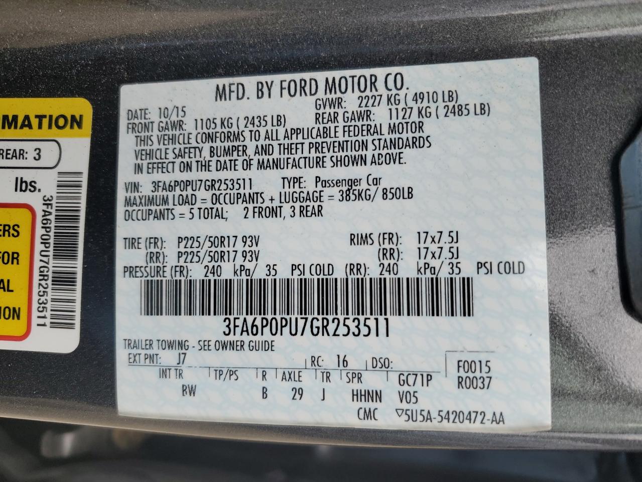 3FA6P0PU7GR253511 2016 Ford Fusion Se Phev