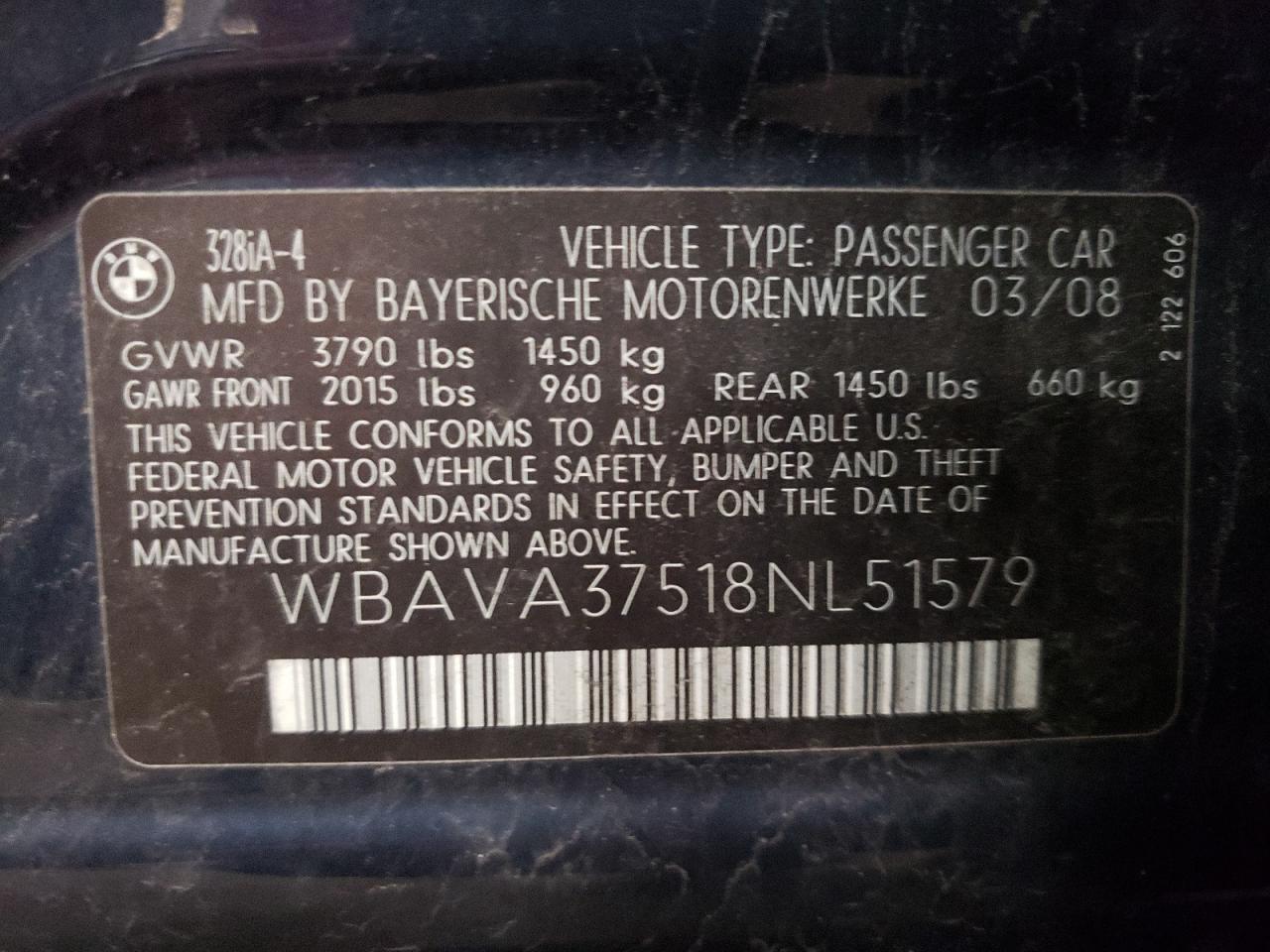 WBAVA37518NL51579 2008 BMW 328 I