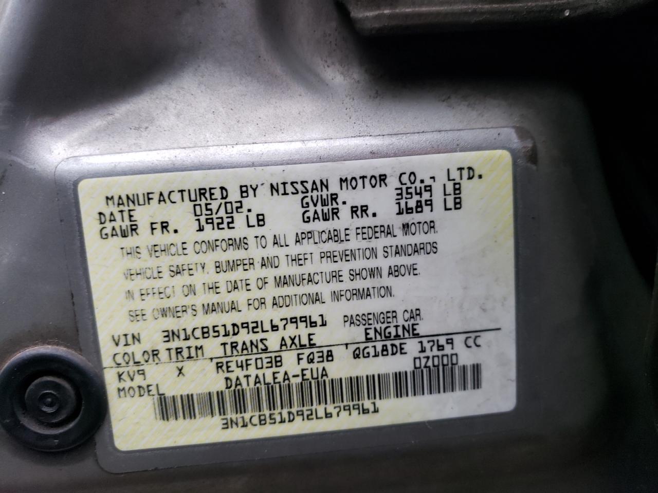 3N1CB51D92L679961 2002 Nissan Sentra Xe