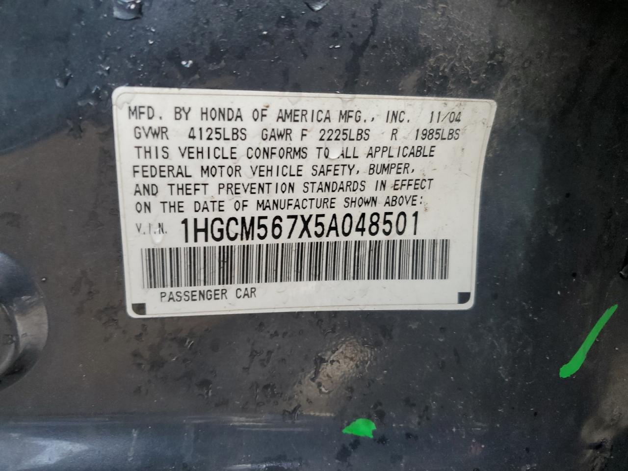 1HGCM567X5A048501 2005 Honda Accord Ex