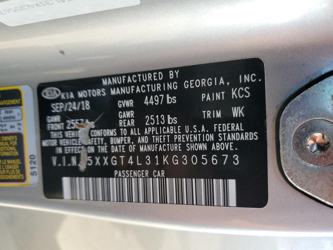 5XXGT4L31KG305673 2019 Kia Optima Lx