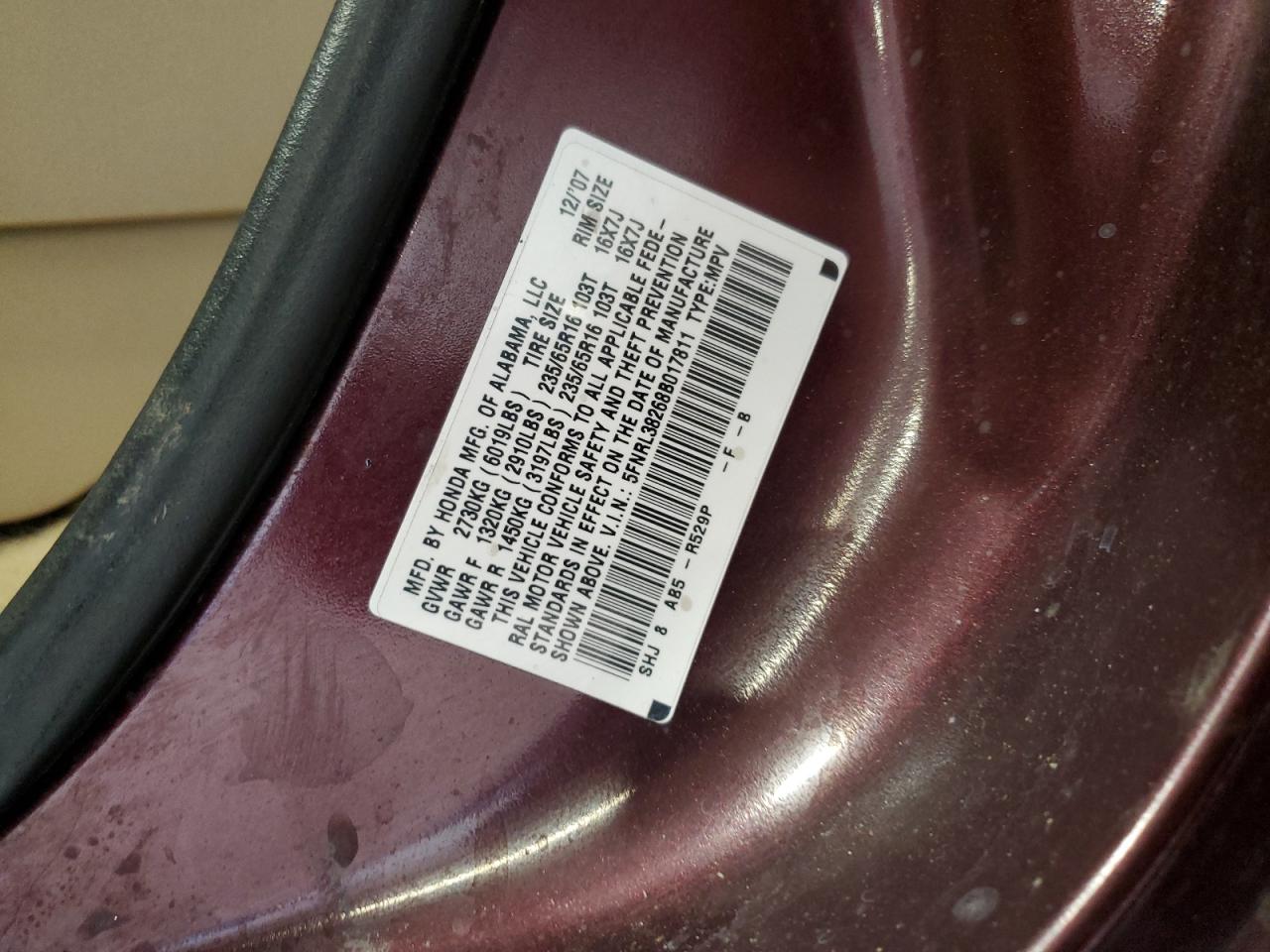 5FNRL38268B017811 2008 Honda Odyssey Lx