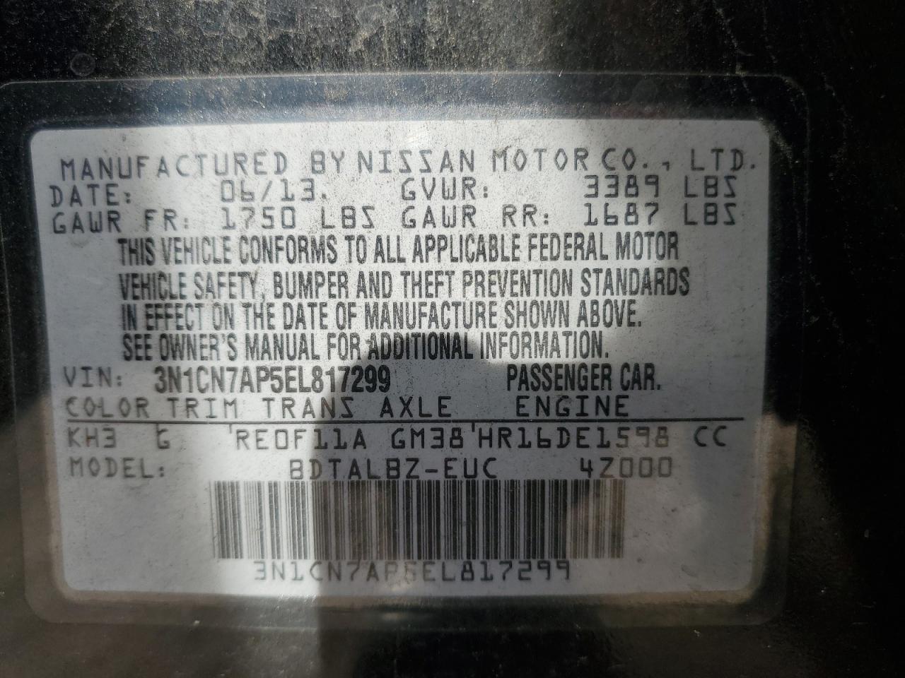 3N1CN7AP5EL817299 2014 Nissan Versa S