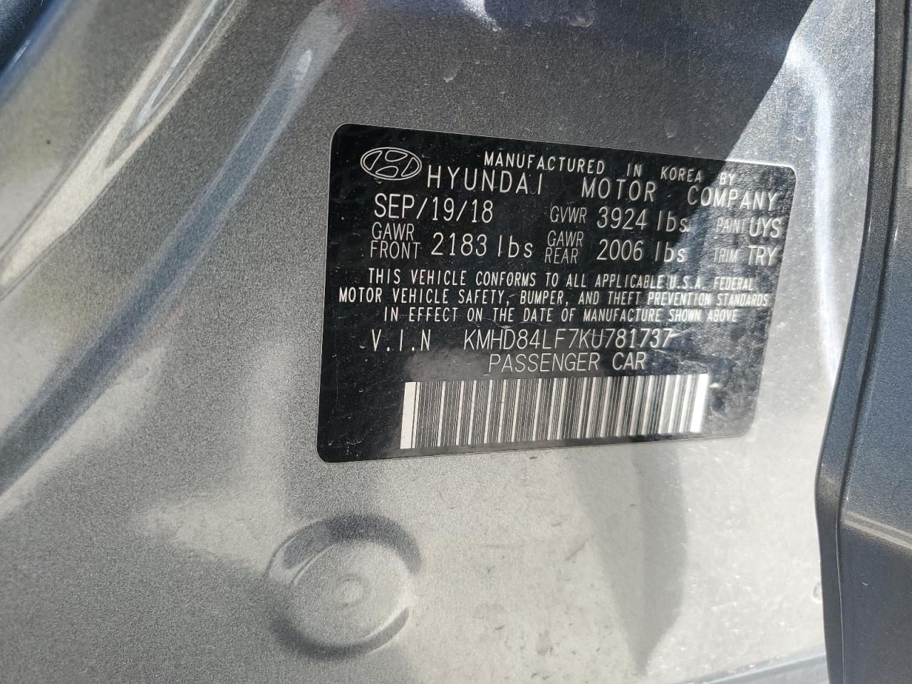 KMHD84LF7KU781737 2019 Hyundai Elantra Sel