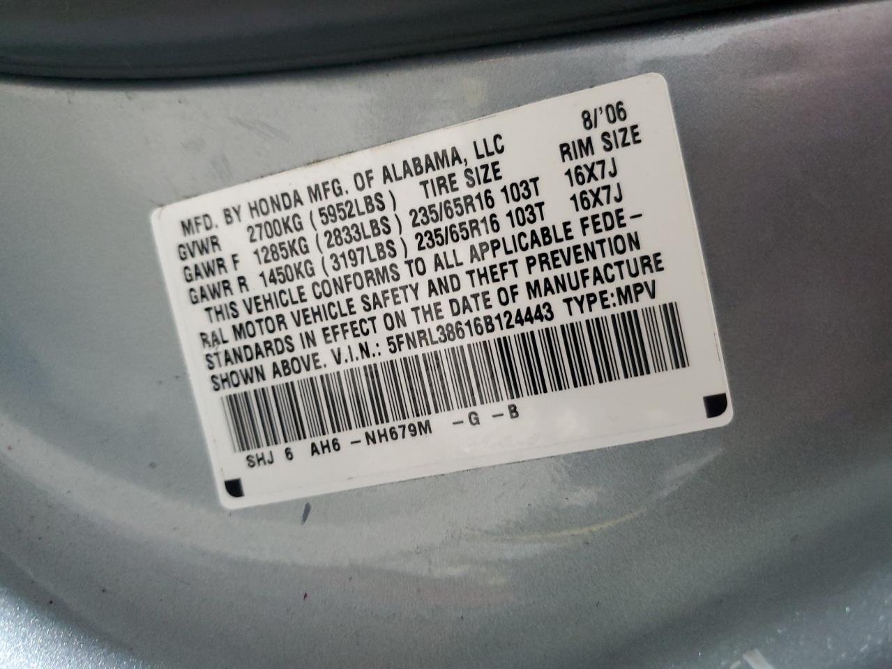 5FNRL38616B124443 2006 Honda Odyssey Exl