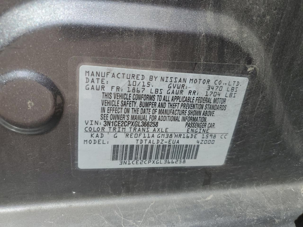 3N1CE2CPXGL366258 2016 Nissan Versa Note S