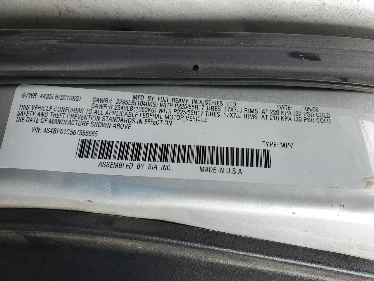 4S4BP61C567356665 2006 Subaru Legacy Outback 2.5I