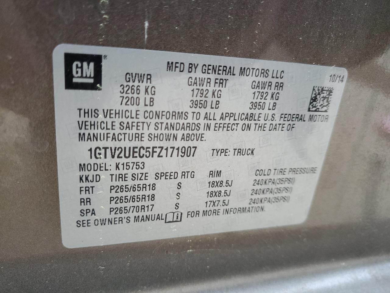 1GTV2UEC5FZ171907 2015 GMC Sierra K1500 Sle