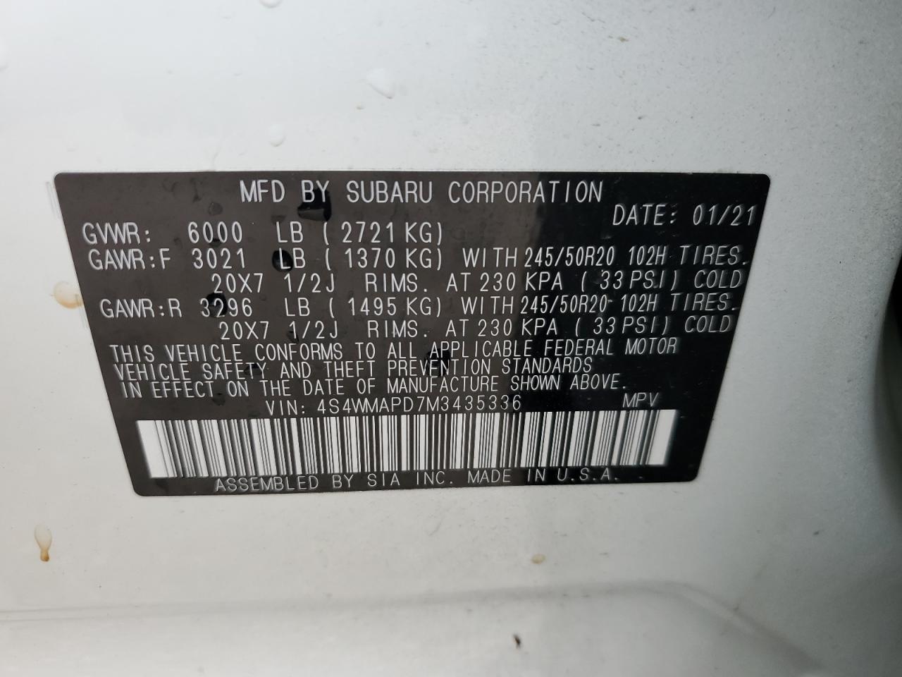 4S4WMAPD7M3435336 2021 Subaru Ascent Limited