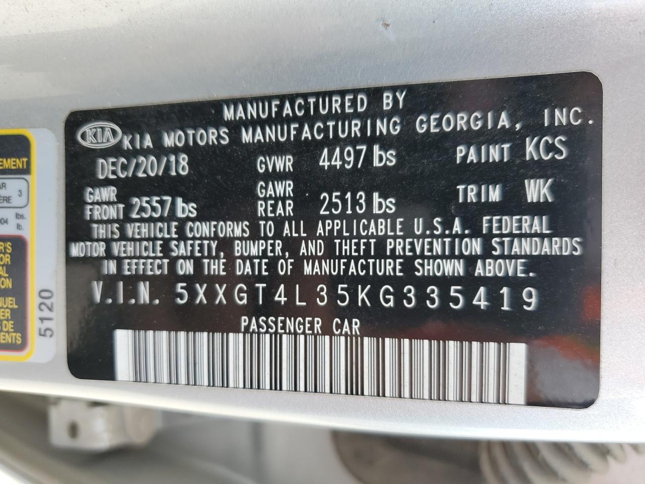 5XXGT4L35KG335419 2019 Kia Optima Lx