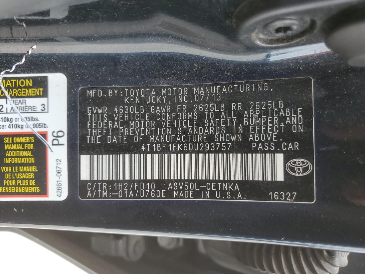 4T1BF1FK6DU293757 2013 Toyota Camry L