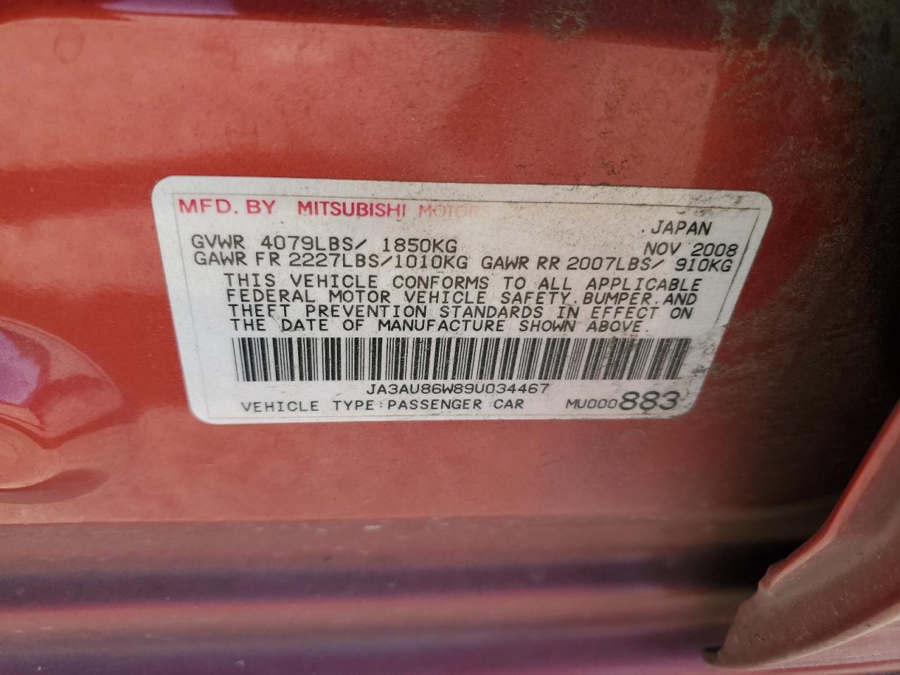 JA3AU86W89U034467 2009 Mitsubishi Lancer Gts