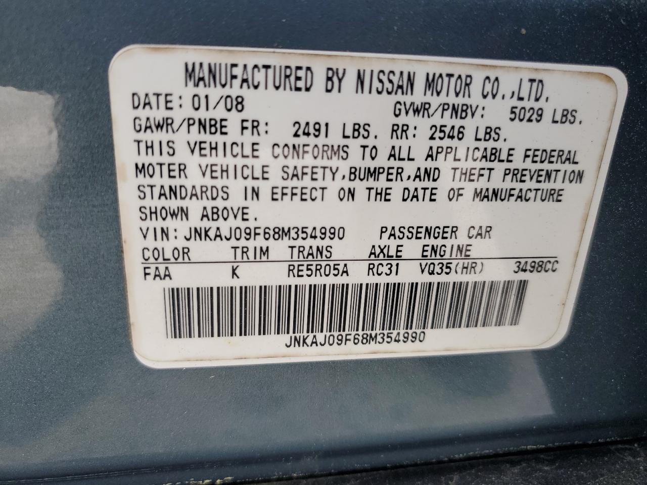 JNKAJ09F68M354990 2008 Infiniti Ex35 Base