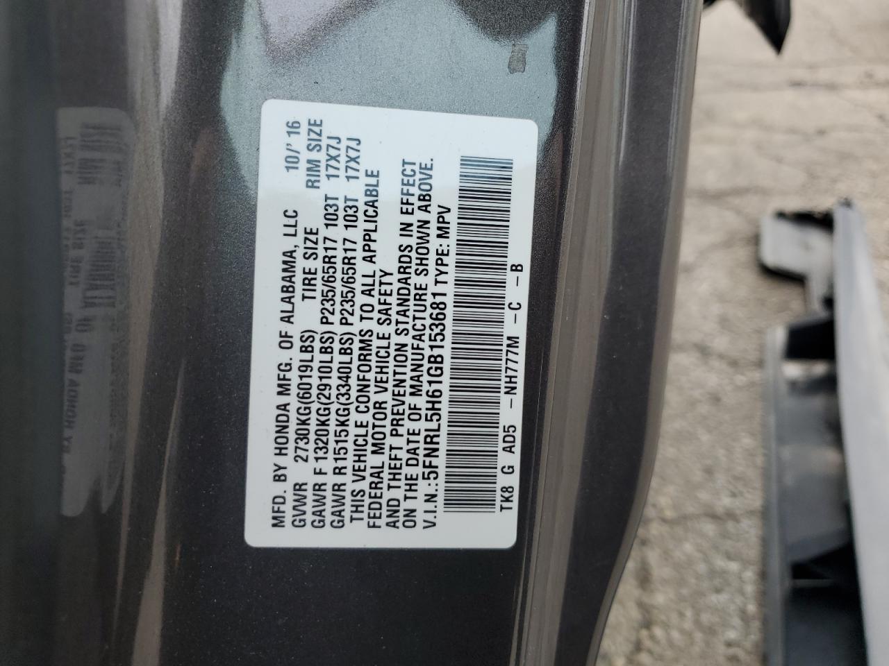 5FNRL5H61GB153681 2016 Honda Odyssey Exl