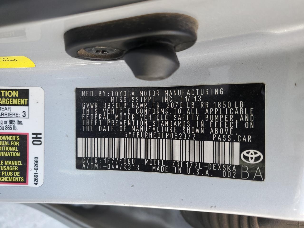 5YFBURHE0EP052372 2014 Toyota Corolla L