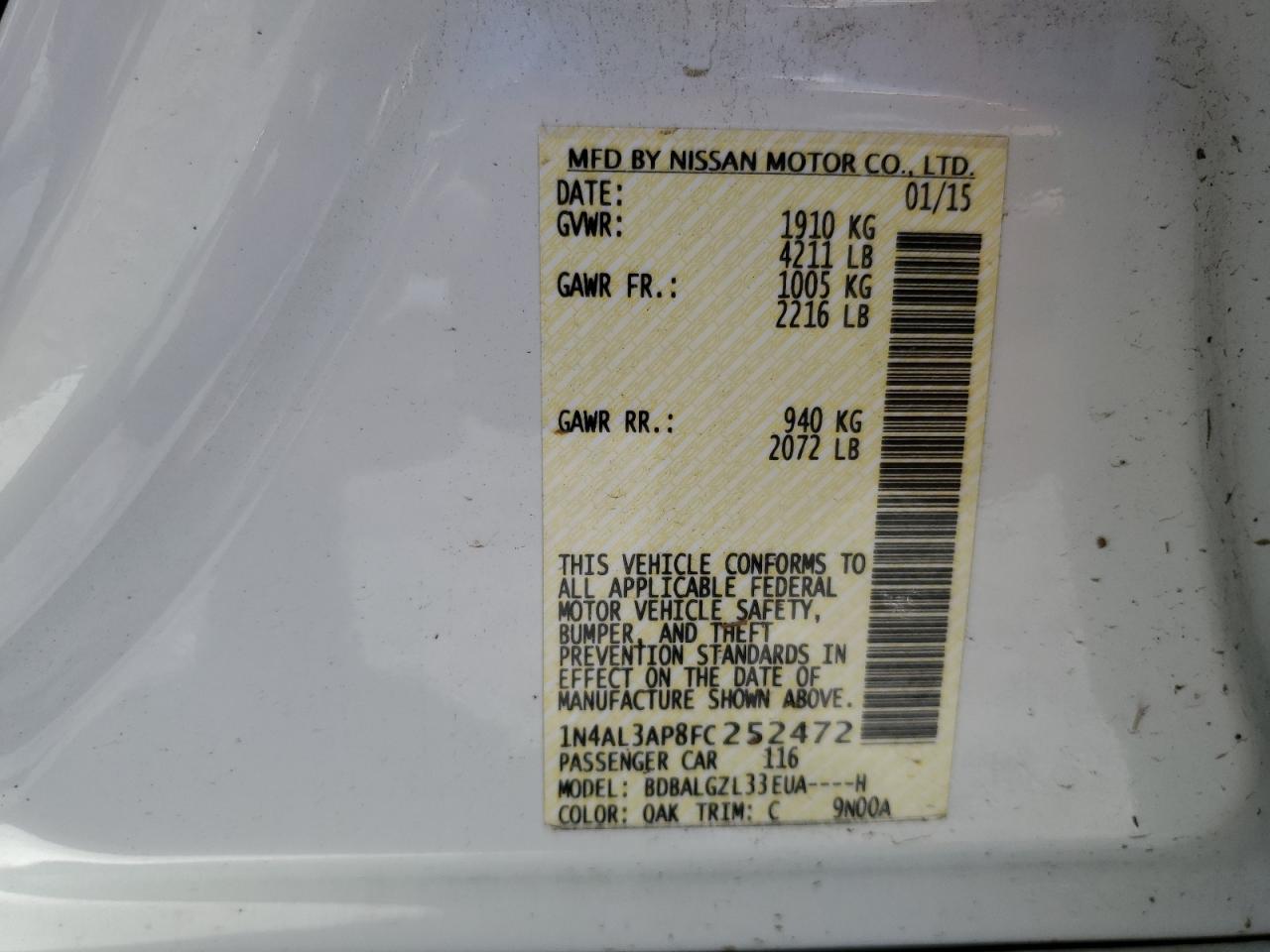 1N4AL3AP8FC252472 2015 Nissan Altima 2.5