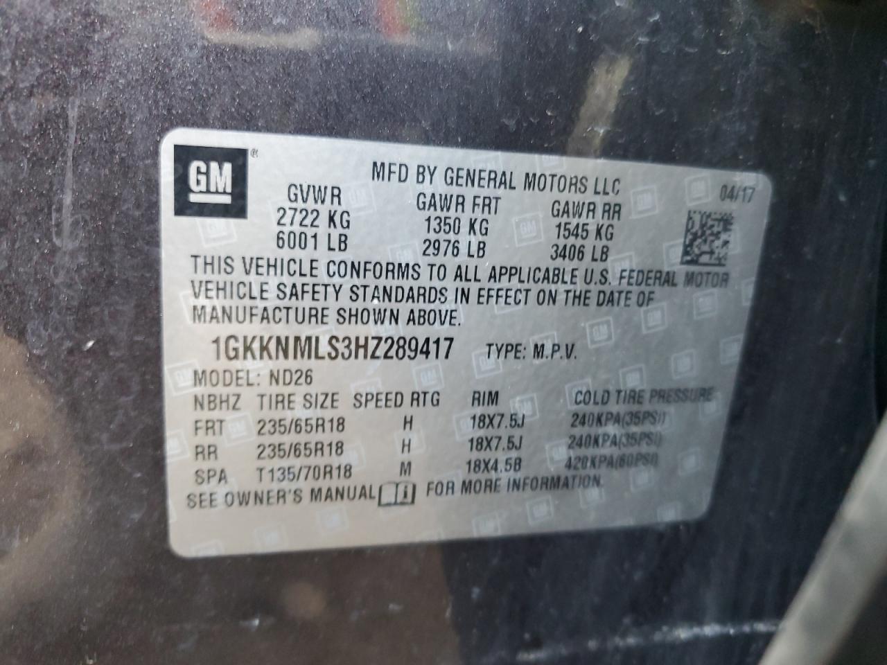 1GKKNMLS3HZ289417 2017 GMC Acadia Slt-1